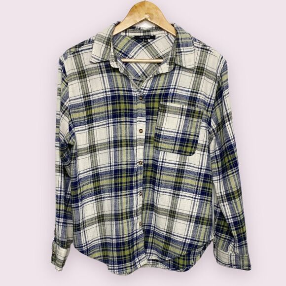 Love Tree Button Down Flannel Green Blue White Small - Picture 1 of 6